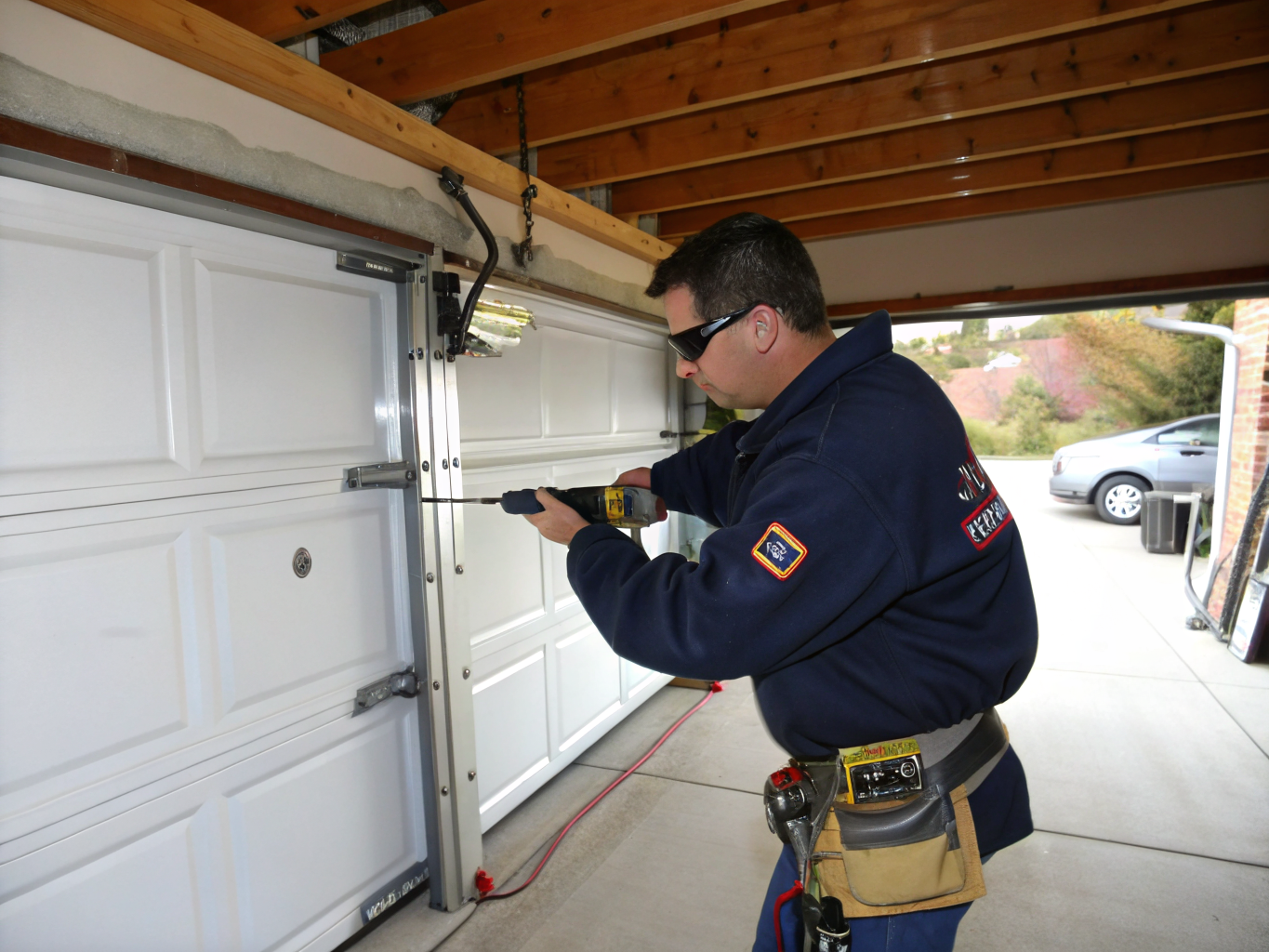 Technicien professionnel réparant une porte patio dans une résidence de Brossard