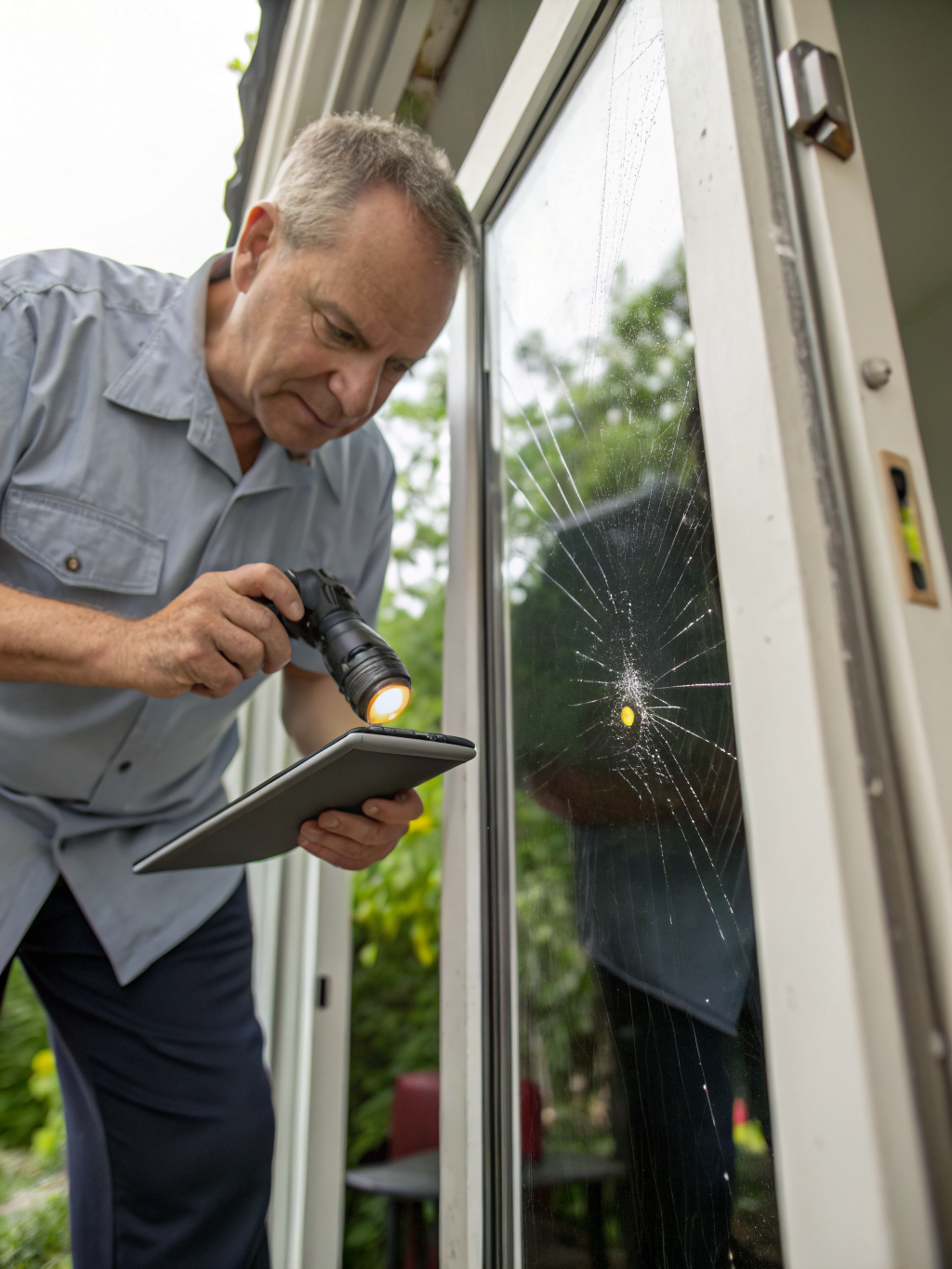 Technicien inspectant les dommages d'une porte patio