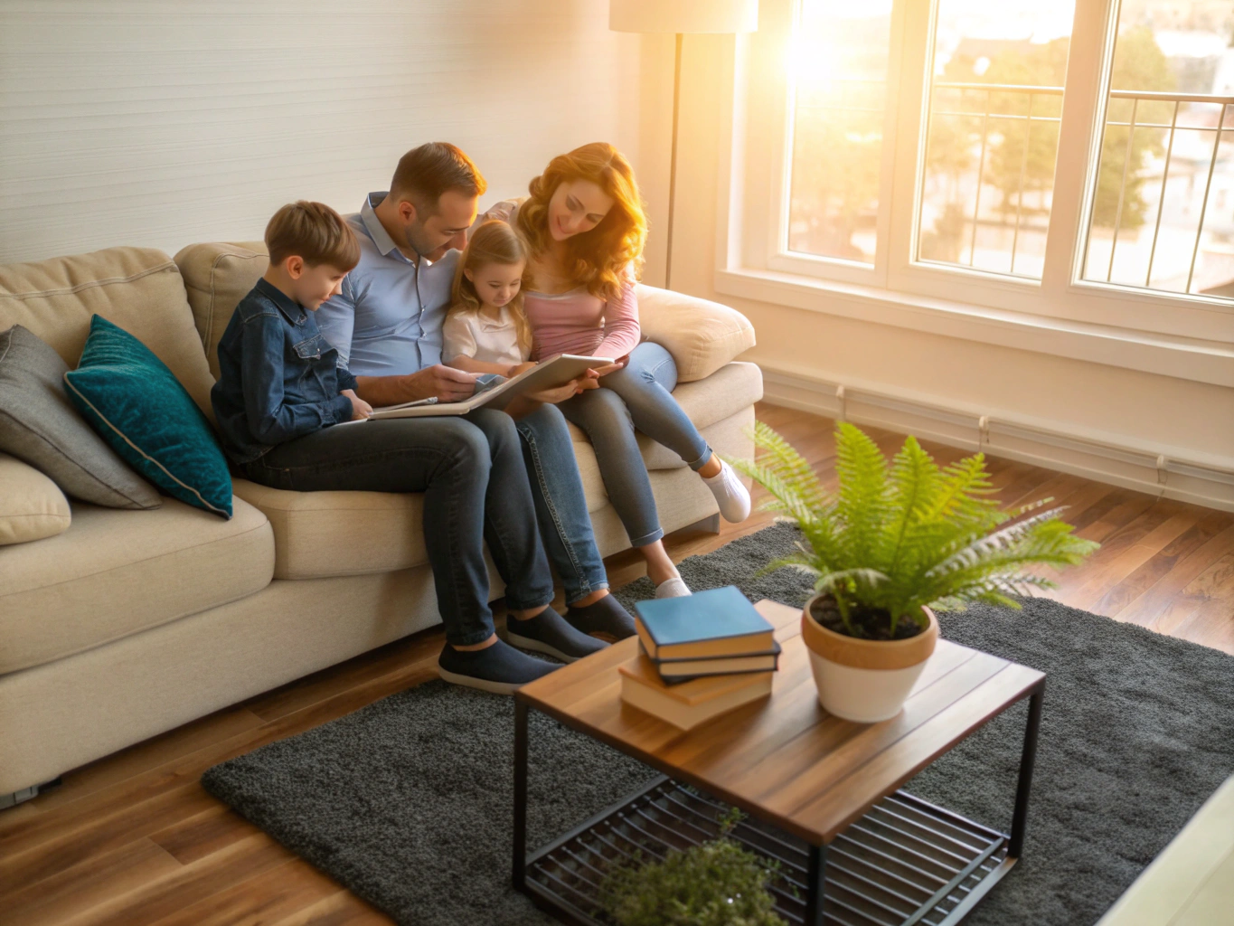 Famille en sécurité devant une porte patio avec garantie prolongée