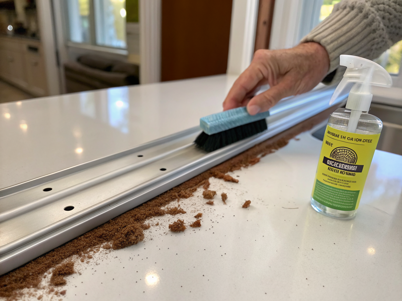 Entretien professionnel d'une porte patio avec nettoyage des rails