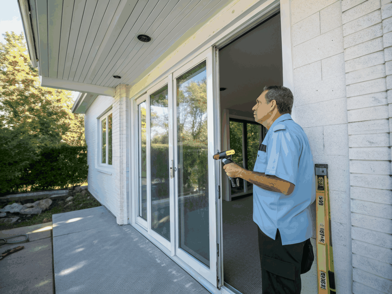 Technicien vérifiant les normes de sécurité d'une porte patio