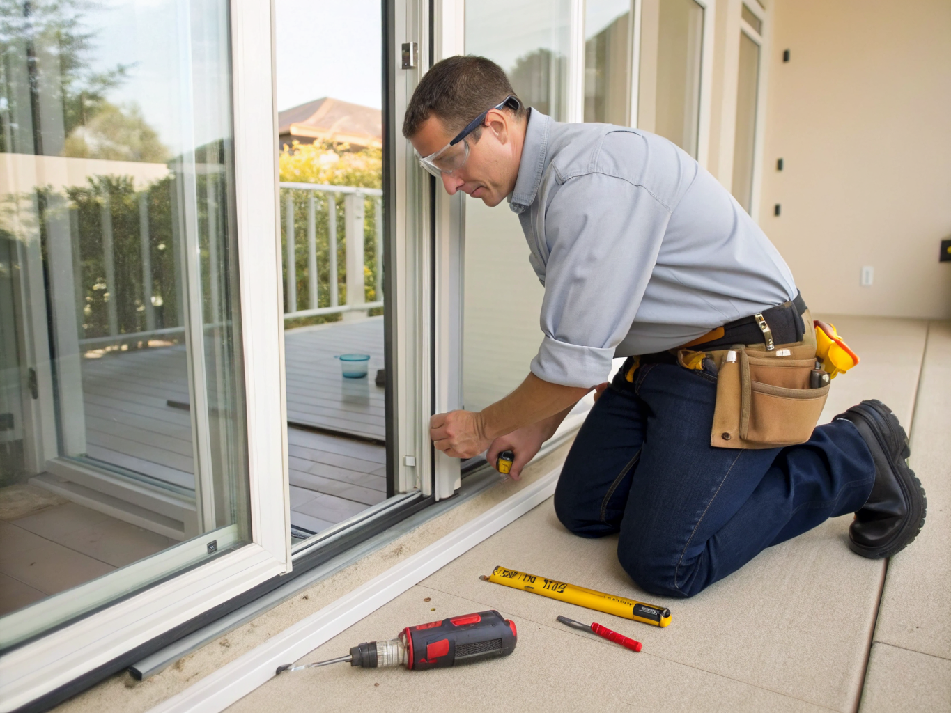 Technicien professionnel réparant une porte patio avec des outils spécialisés
