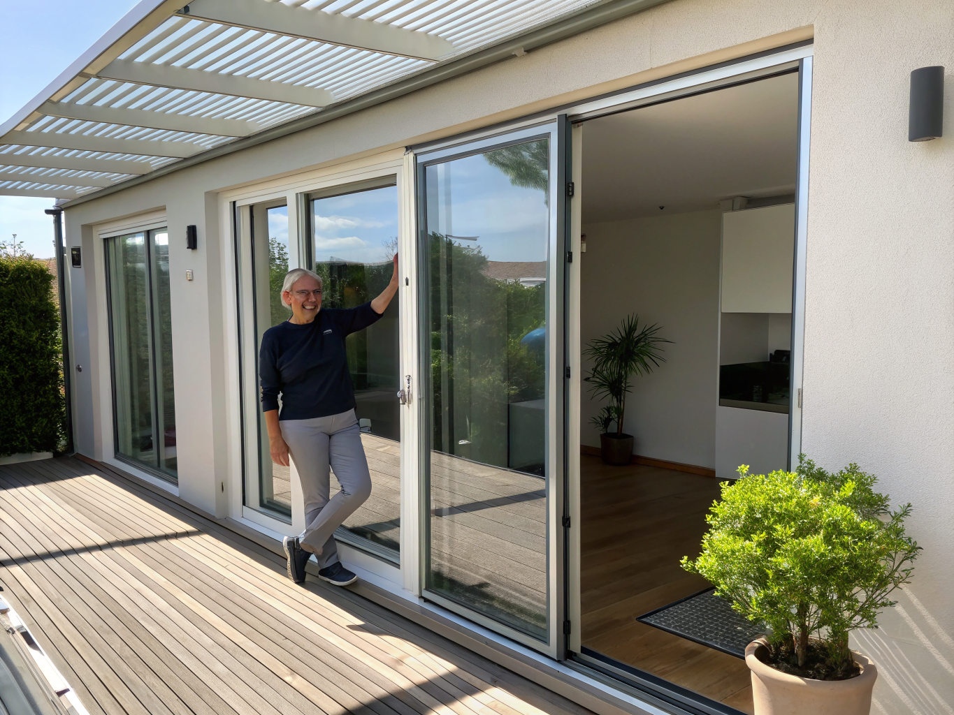 Client satisfait devant sa porte patio réparée