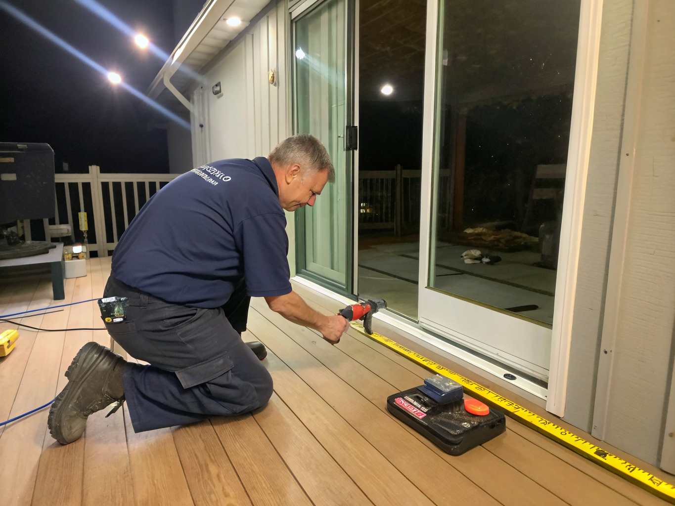 Technicien remplaçant un thermos de porte patio