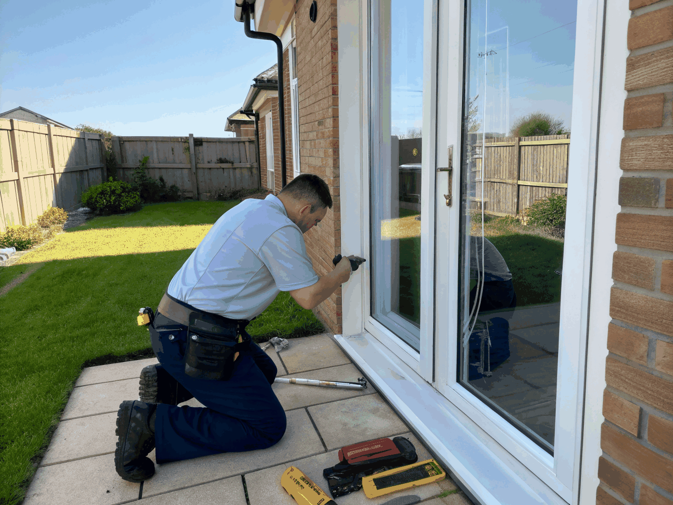 Technicien réparant une porte patio dans la région de Varennes