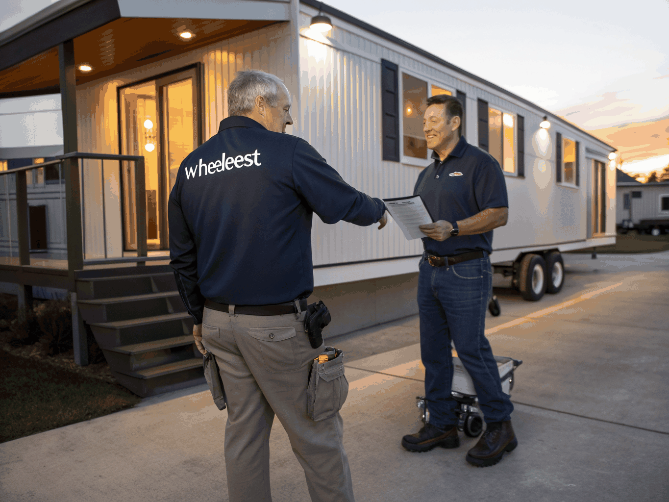 Technicien et client se serrant la main devant une porte patio