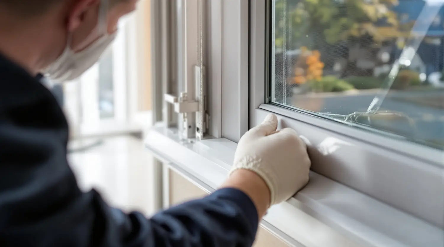 Réparateur partenaire SlideFix vérifiant l'alignement parfait d'une porte patio ajustée