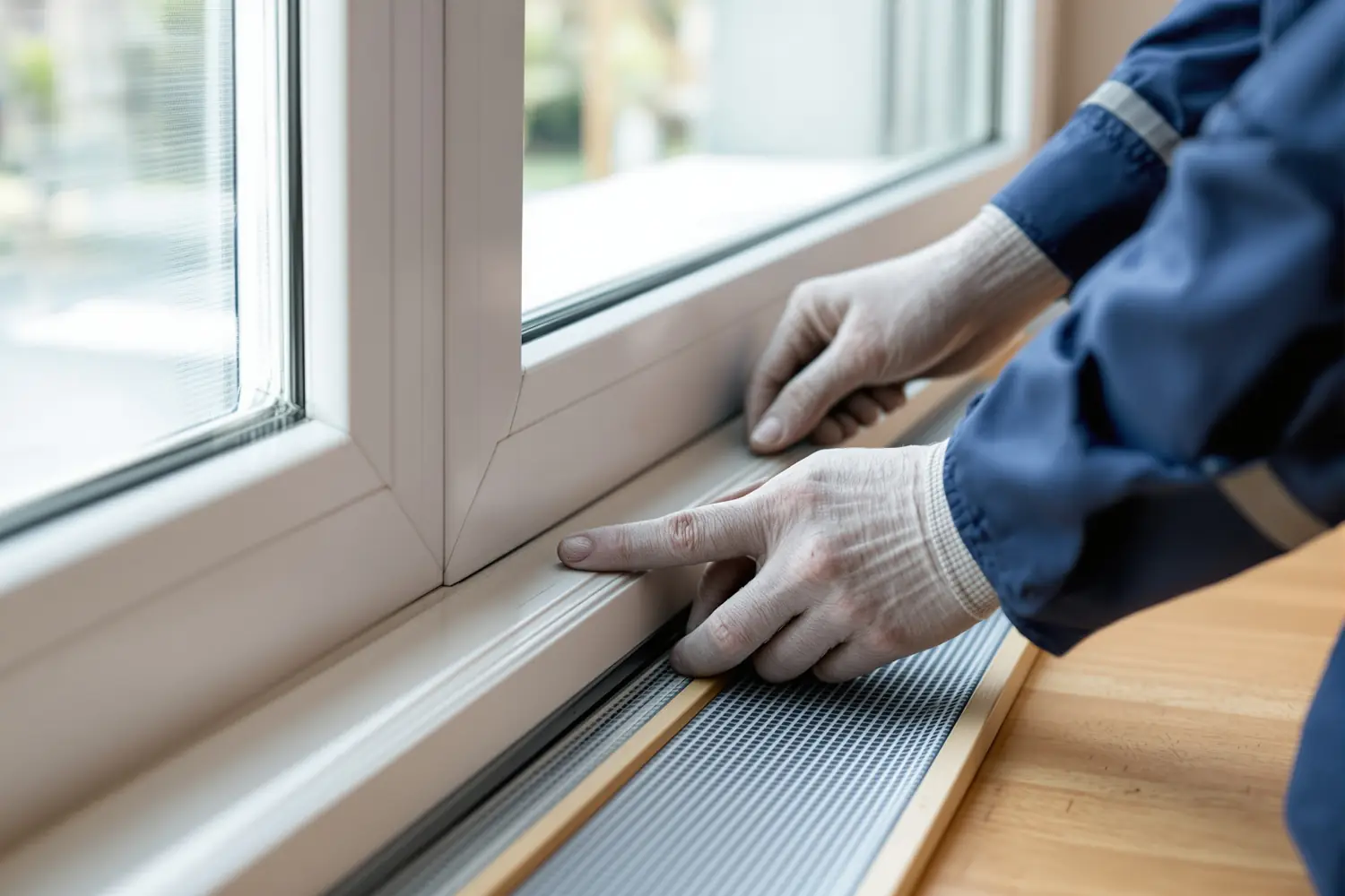 Réparateur partenaire SlideFix posant un coupe-froid sur une porte patio