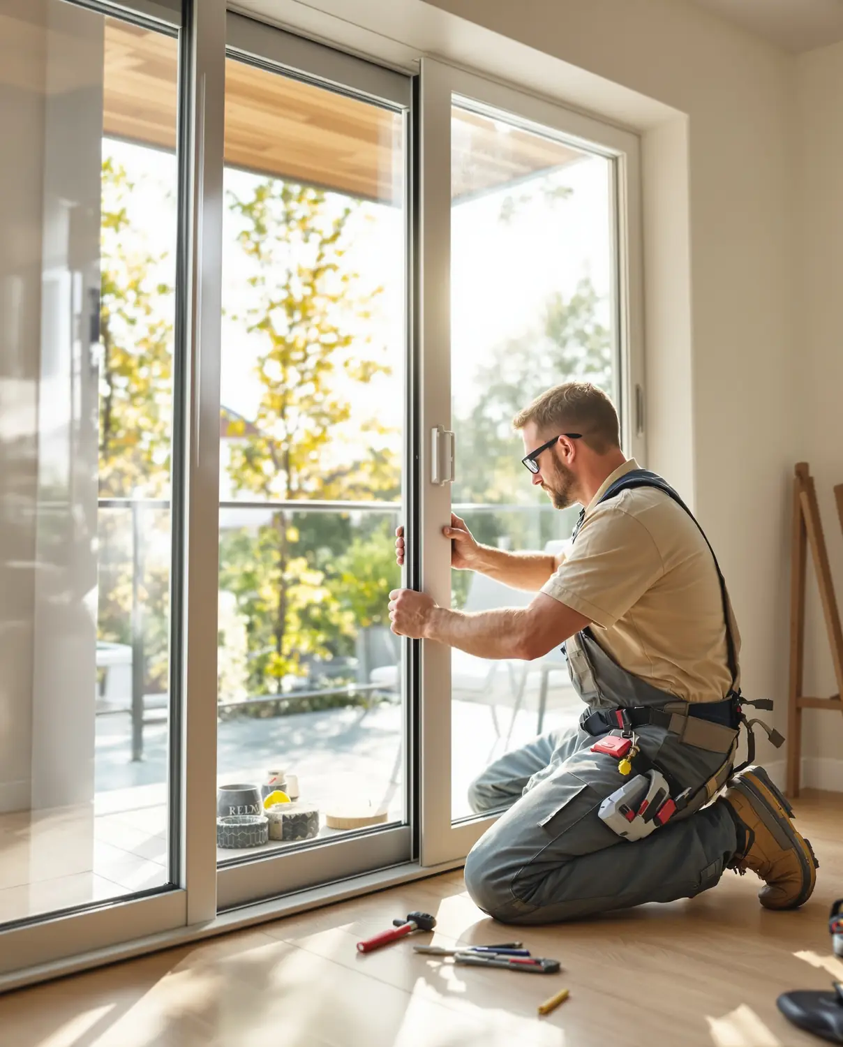 Réparateur partenaire SlideFix ajustant une porte patio coulissante
