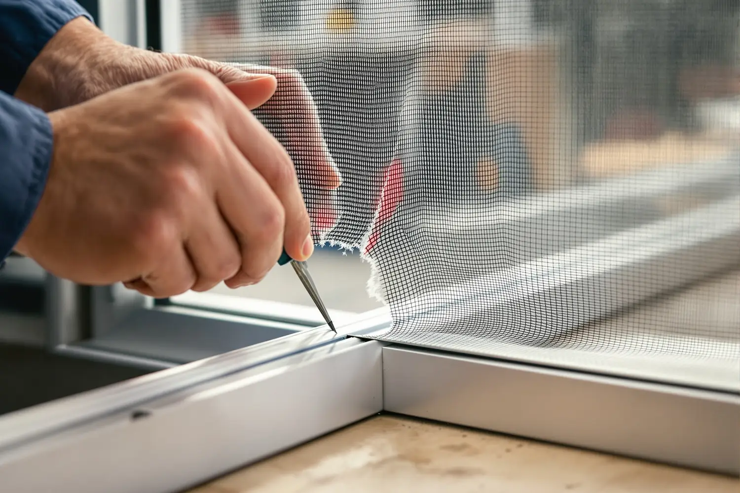 Réparateur partenaire SlideFix remplaçant le mesh d'une moustiquaire de porte patio