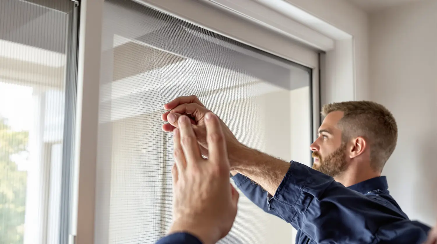 Réparateur partenaire SlideFix posant un mesh neuf sur une moustiquaire de porte patio