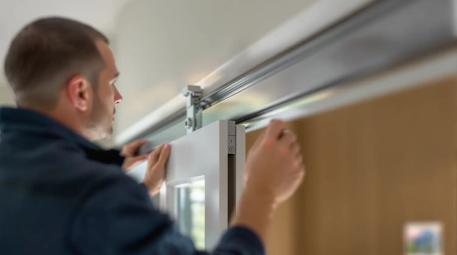 Réparateur partenaire SlideFix installant des roulettes neuves sur rail nettoyé