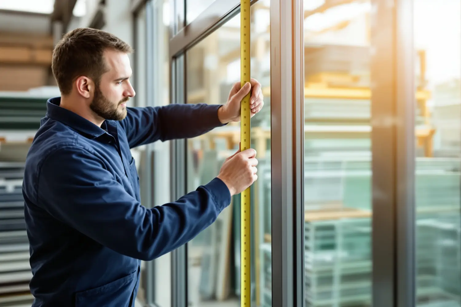 Réparateur partenaire SlideFix mesurant un double vitrage de porte patio
